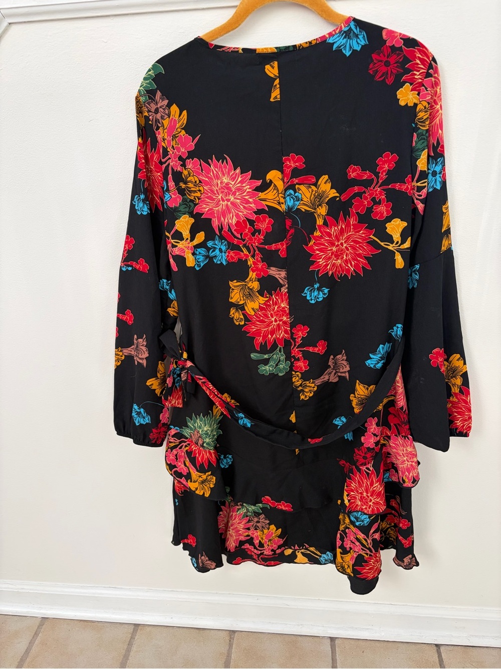 Black Floral Wrap Midi Dress with Bright Multi-Color Print - Picture 2 of 2